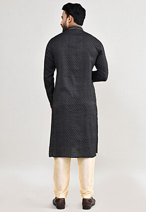 Woven Art Silk Jacquard Kurta Set in Black