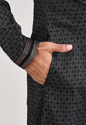 Woven Art Silk Jacquard Kurta Set in Black