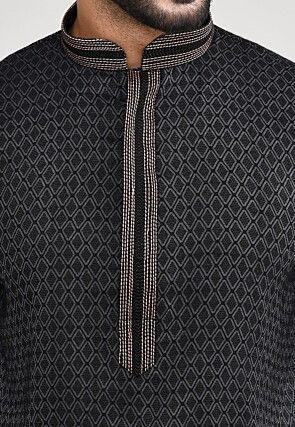 Woven Art Silk Jacquard Kurta Set in Black