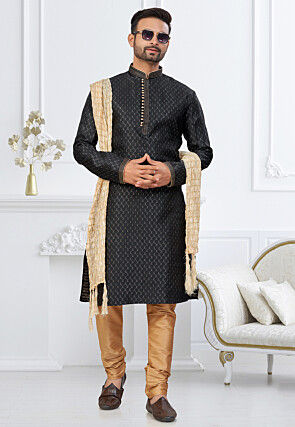 Woven Art Silk Jacquard Kurta Set in Black
