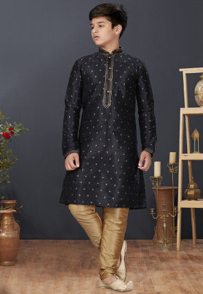 Woven Art Silk Jacquard Kurta Set in Black