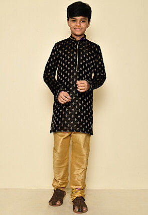 Woven Art Silk Jacquard Kurta Set in Black