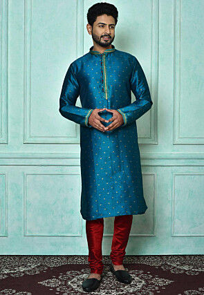 Woven Art Silk Jacquard Kurta Set in Blue