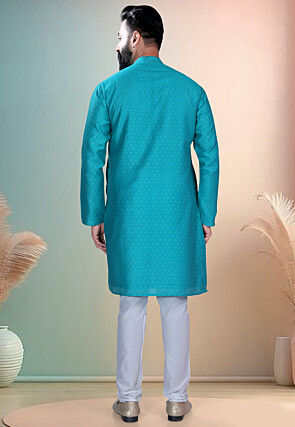Woven Art Silk Jacquard Kurta Set in Blue