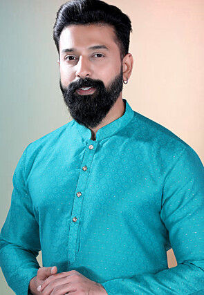 Woven Art Silk Jacquard Kurta Set in Blue