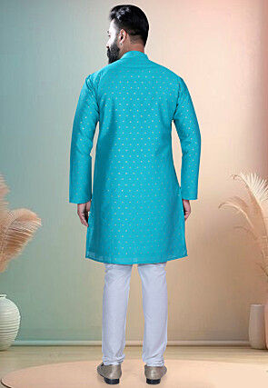 Woven Art Silk Jacquard Kurta Set in Blue