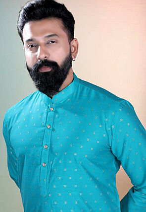 Woven Art Silk Jacquard Kurta Set in Blue