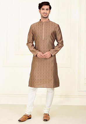 Woven Art Silk Jacquard Kurta Set in Brown