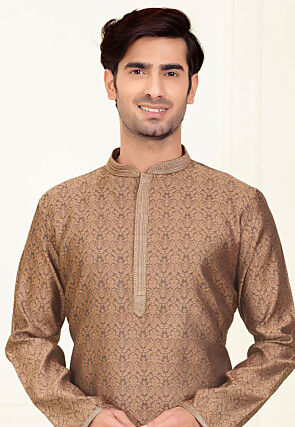 Woven Art Silk Jacquard Kurta Set in Brown