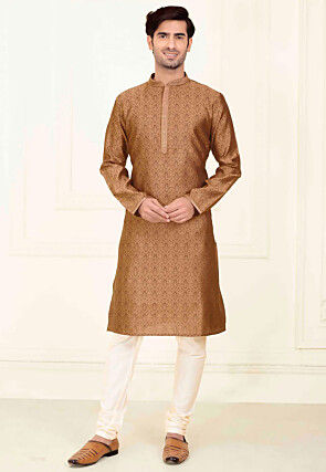 Woven Art Silk Jacquard Kurta Set in Brown
