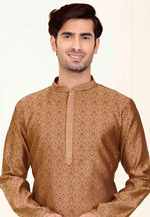 Woven Art Silk Jacquard Kurta Set in Brown