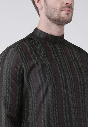 Woven Art Silk Jacquard Kurta Set in Charcoal Black