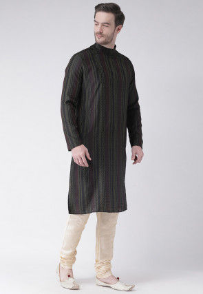 Woven Art Silk Jacquard Kurta Set in Charcoal Black