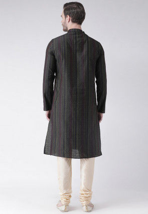 Woven Art Silk Jacquard Kurta Set in Charcoal Black