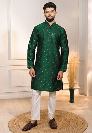Woven Art Silk Jacquard Kurta Set in Dark Green