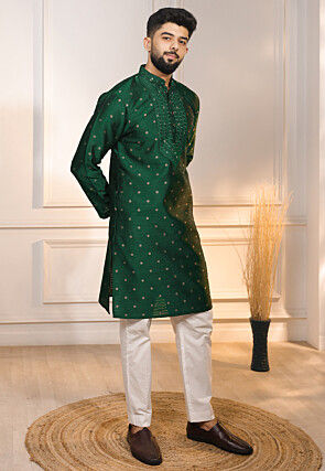 Woven Art Silk Jacquard Kurta Set in Dark Green