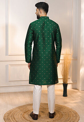 Woven Art Silk Jacquard Kurta Set in Dark Green