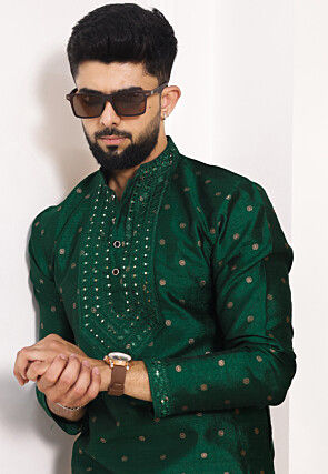 Woven Art Silk Jacquard Kurta Set in Dark Green