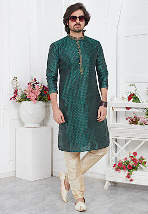 Woven Art Silk Jacquard Kurta Set in Dark Green