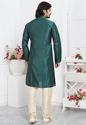 Woven Art Silk Jacquard Kurta Set in Dark Green