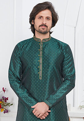 Woven Art Silk Jacquard Kurta Set in Dark Green