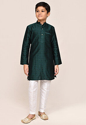 Woven Art Silk Jacquard Kurta Set in Dark Green