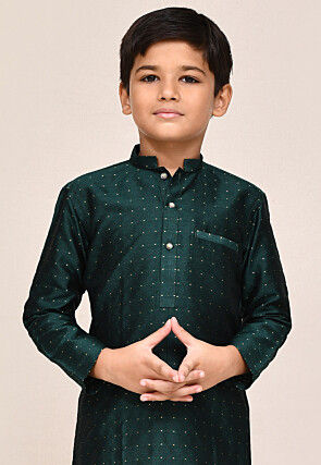 Woven Art Silk Jacquard Kurta Set in Dark Green