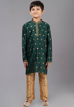 Woven Art Silk Jacquard Kurta Set in Dark Green