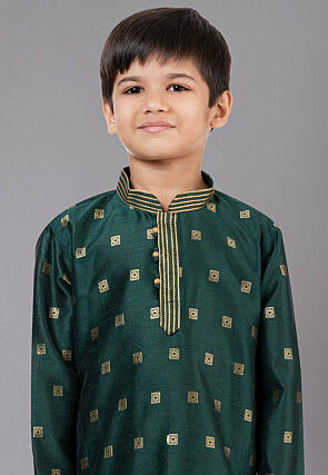 Woven Art Silk Jacquard Kurta Set in Dark Green