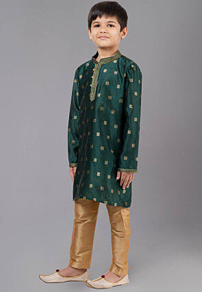 Woven Art Silk Jacquard Kurta Set in Dark Green