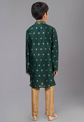 Woven Art Silk Jacquard Kurta Set in Dark Green