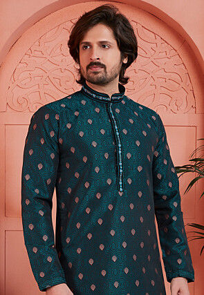 Woven Art Silk Jacquard Kurta Set in Dark Teal Green