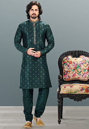 Woven Art Silk Jacquard Kurta Set in Dark Teal Green