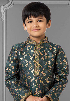 Woven Art Silk Jacquard Kurta Set in Dark Teal Green