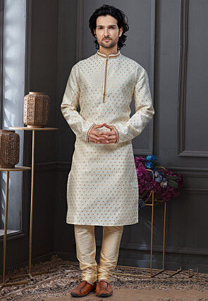 Woven Art Silk Jacquard Kurta Set in Fawn