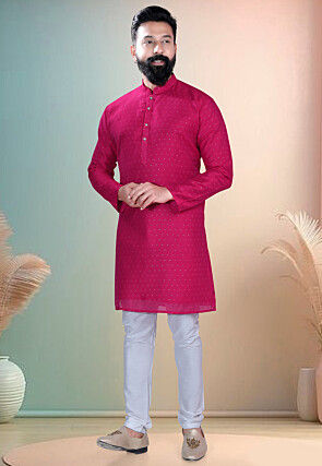 Woven Art Silk Jacquard Kurta Set in Fuchsia