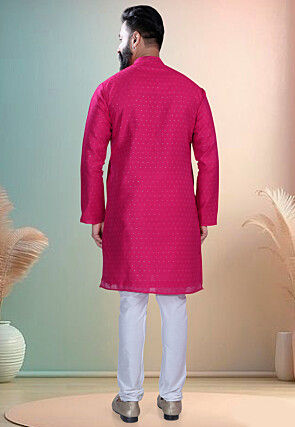 Woven Art Silk Jacquard Kurta Set in Fuchsia