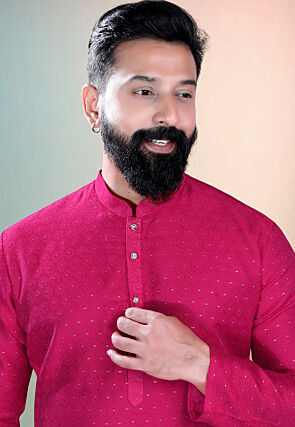 Woven Art Silk Jacquard Kurta Set in Fuchsia