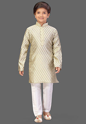Woven Art Silk Jacquard Kurta Set in Golden