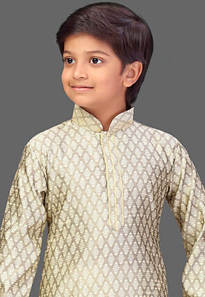 Woven Art Silk Jacquard Kurta Set in Golden