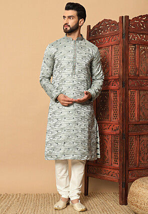 Woven Art Silk Jacquard Kurta Set in Grey