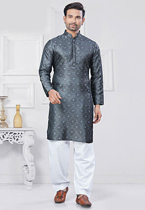 Woven Art Silk Jacquard Kurta Set in Grey