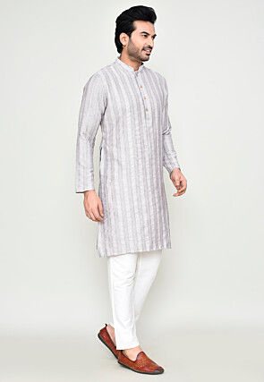 Woven Art Silk Jacquard Kurta Set in Grey