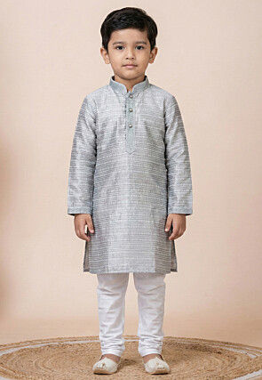 Woven Art Silk Jacquard Kurta Set in Grey