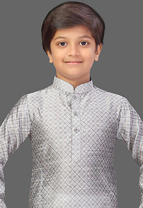 Woven Art Silk Jacquard Kurta Set in Grey