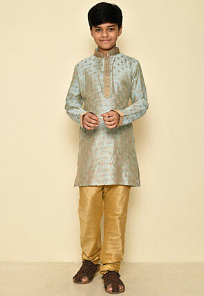 Woven Art Silk Jacquard Kurta Set in Grey