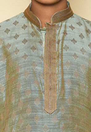 Woven Art Silk Jacquard Kurta Set in Grey