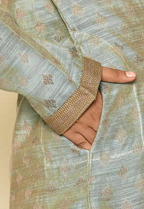 Woven Art Silk Jacquard Kurta Set in Grey