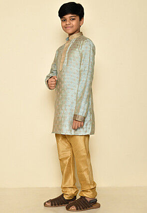 Woven Art Silk Jacquard Kurta Set in Grey