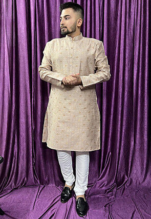 Woven Art Silk Jacquard Kurta Set in Light Beige
